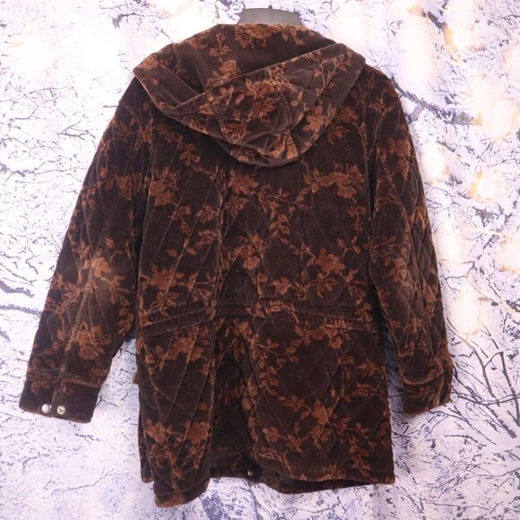 QUILTED VELVET COAT M Jones NY Vintage Velvet *FLAWED* Hooded Fall Winter Brown - Picture 8 of 9